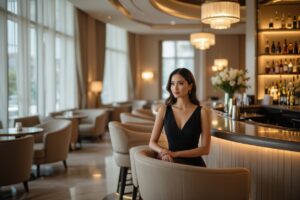 Elegant woman in black dress sits at a luxury hotel bar.