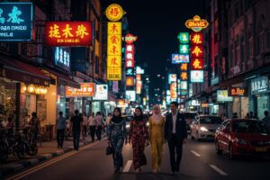 People walk a vibrant Chinatown street at night, lined with colorful neon signs and bustling shops.